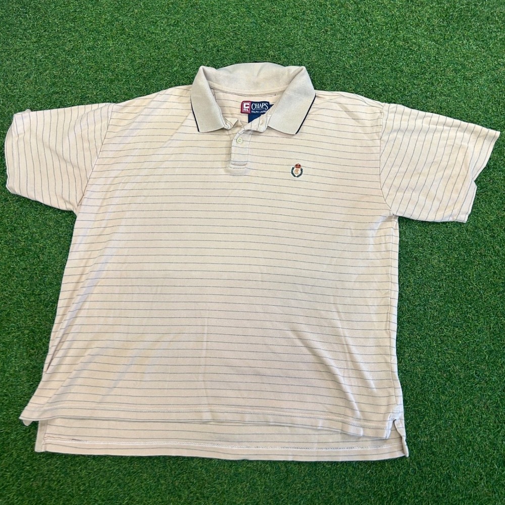 Chaps Ralph Lauren Mens Large Tan Pinstripe Short Sleeve Crest Polo Shirt